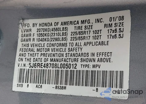 2008 Honda Cr-V Ex-L из США, поврежденный, VIN 5J6RE48708L005012